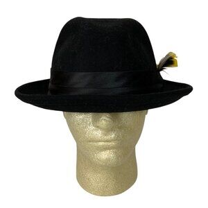 Stacy Adams Mens Black Wool Fedora Hat Satin Band Feather Accent Size XL